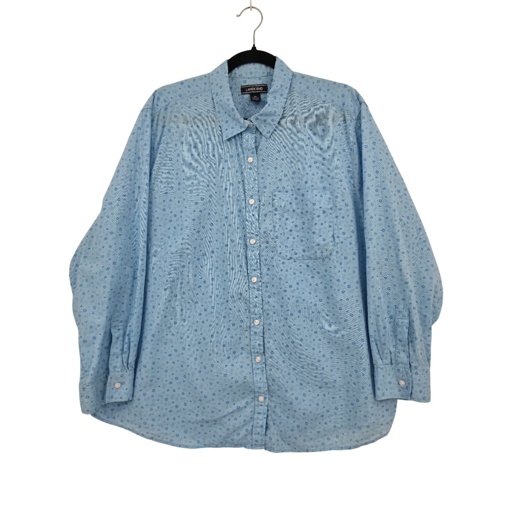 Lands End Womens 1X Blue Floral Cotton Linen Roll Tab Sleeve Button Up Shirt